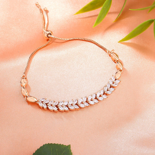 Estele Rose Gold-Polished CZ Leaf Designer Adjustable Charm Bracelet with White American Diamonds for Women | Grab2Buy