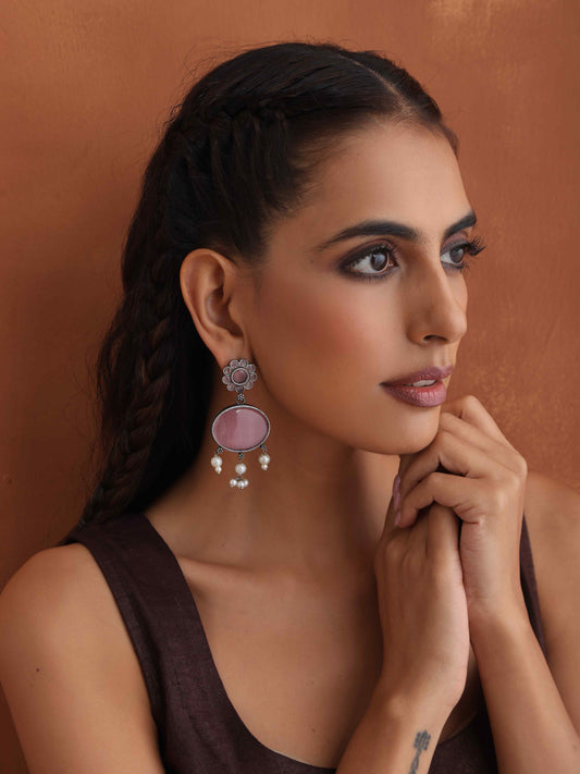 trueBrowns Silver Tone Pink Stone Dangle Earrings | Grab2Buy
