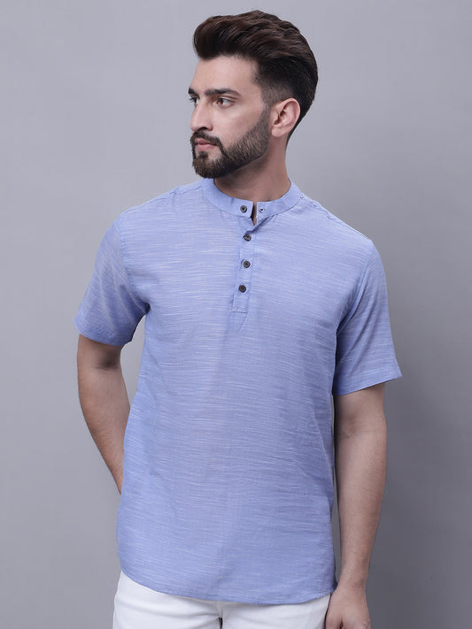 Even Apparels Blue Pure Cotton Short Kurta With Band Collar