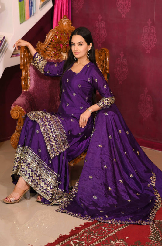 Teeya Creation Purple Color Chinon Silk Heavy Embroidery Work Fully Stitched Salwar Suit