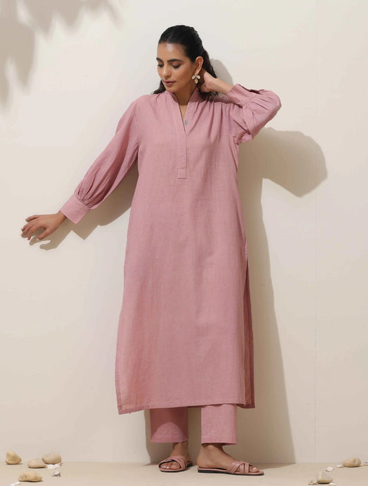 trueBrowns Pink Cotton Linen Kurta Pant Set