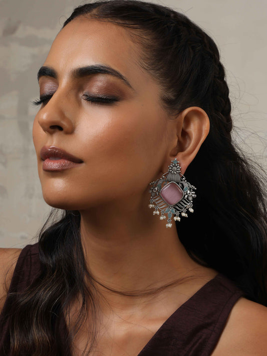 trueBrowns Silver Tone Pink Stone Pearl Drop Earrings | Grab2Buy