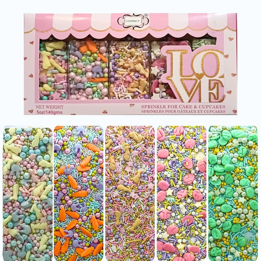 Confect Spring Sprinkles Edible | Mix Green & Pink Eggs & Yellow & Gold Bunny pack of 5 (EAST 3) - 100Gms