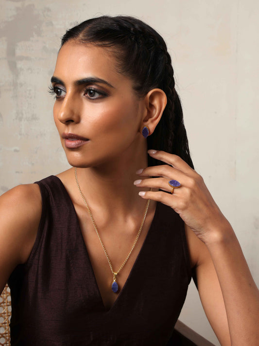 trueBrowns Gold Tone Blue Stone Pendant Set | Grab2Buy