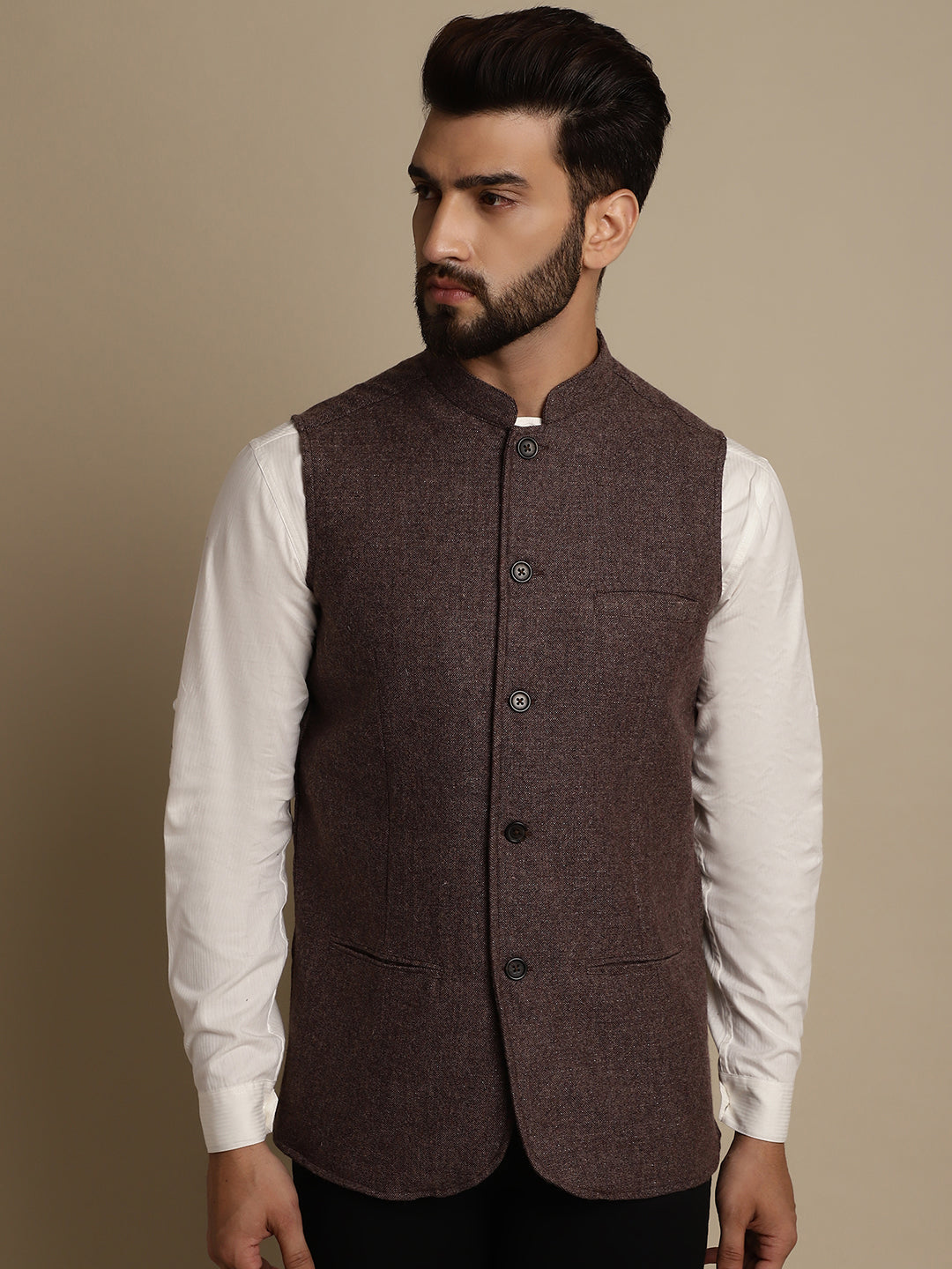 Even Apparels Men's Brown Mandarin Collar Waistcoat - Grab2buy