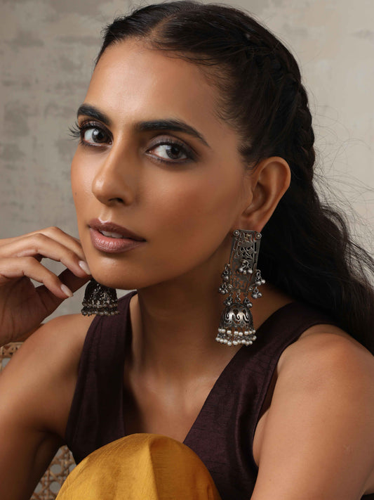 trueBrowns Silver Tone Floral Jhumka Earrings | Grab2Buy