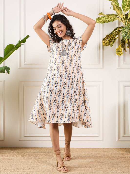 InWeave Off White Orange Black Ikkat Print Round Neck Aline Dress