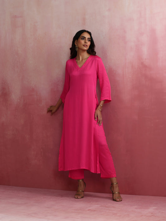trueBrowns Pink Modal High Slit Kurta Set