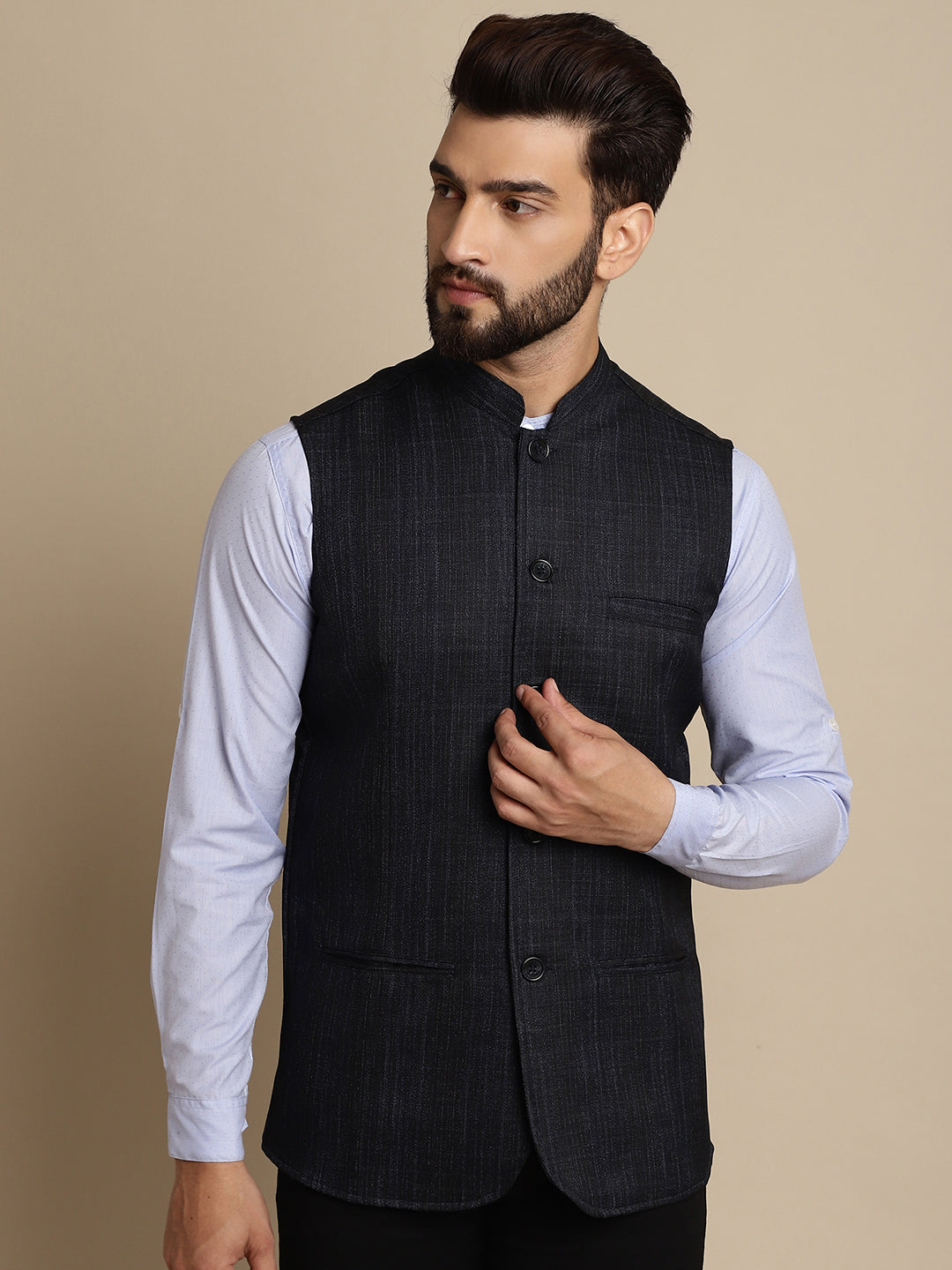 Even Apparels Men's Blue Mandarin Collar Waistcoat - Grab2buy