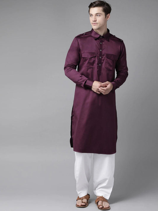 Fabmade Men Purple Pathani Kurta With Salwar