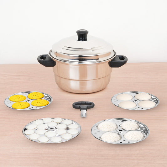 The Indus Valley Premium Stainless Steel idlipot regular with mini idli plates-(3+1) Idli/ Momo Maker/ Veg Steaming Set, Tri-ply Induction Bottom, 4 Plates