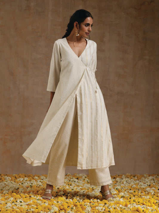 trueBrowns Ivory Gold Cotton Angrakha Kurta Set