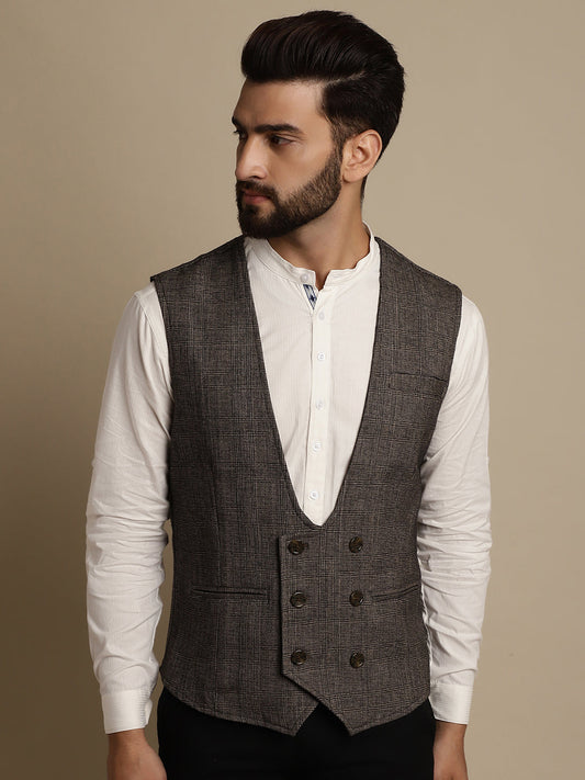 Even Apparels Men's Brown Double Breast Waistcoat - Grab2buy