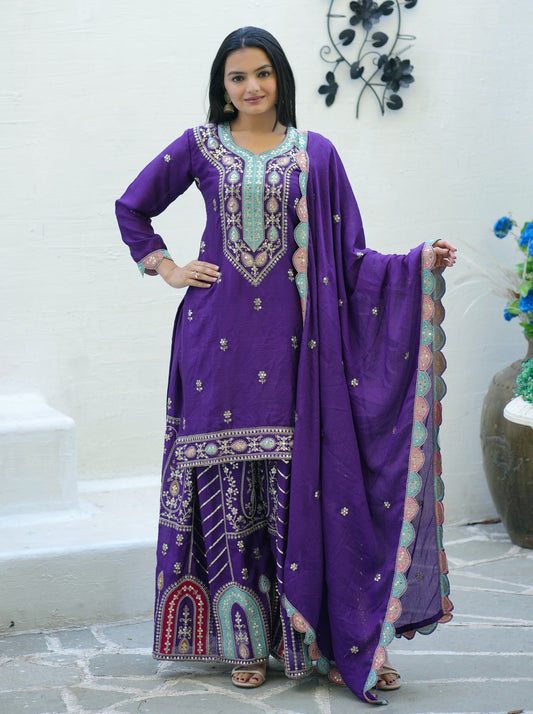 Teeya Creation Purple Color Chinon Silk Heavy Embroidery Work Fully Stitched Sharara Suit