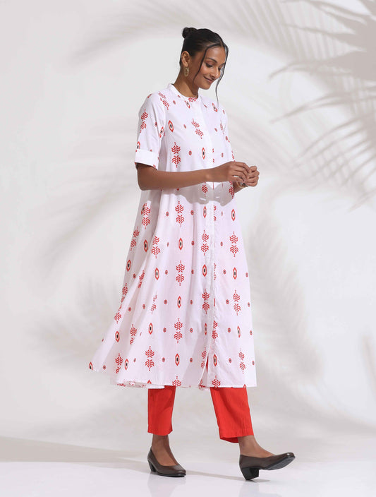 trueBrowns White Cotton Print Flared Kurta Set