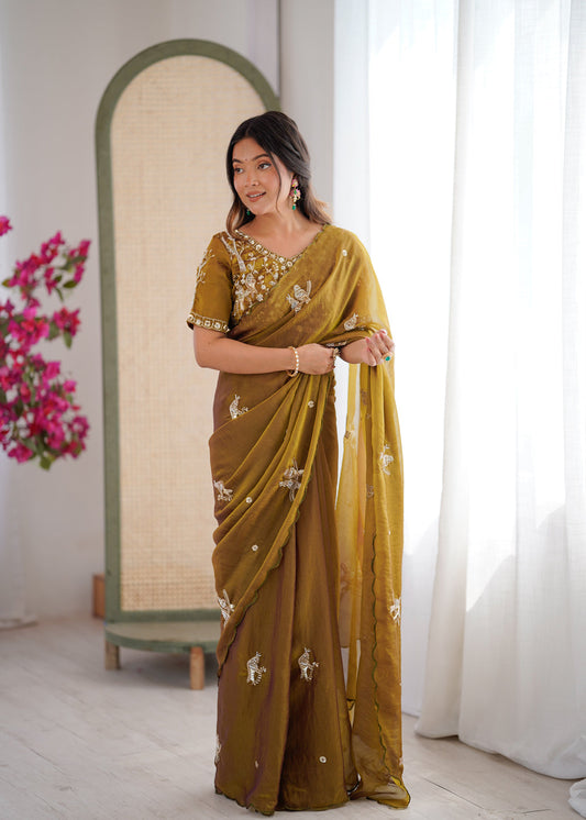 Evanik Mehendi Mos Silk With Handwork Butterfly Design Saree With Unstitched Blouse