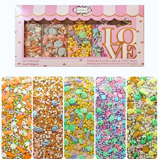 Confect Easter Sprinkles Edible | White, Pink and Gold Pearls, vermicelli , Easter Bunny & Stars Pack of 5 (EAST 12) - 100Gms