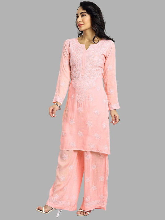 ADA Floral Embroidered Long Sleeves Regular Lucknowi Chikankari Kurta With Palazzos