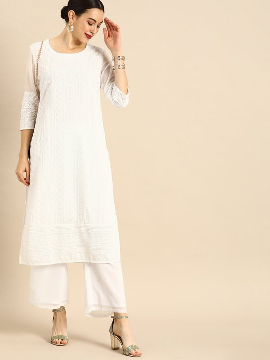 Anouk Women White Chikankari Embroidered Kurta with Palazzos