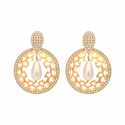 Nuyug 22K Gold Plated Cubic Zirconia Studded Contemporary Moon Shaped Pearl Drop Chandbalis | Swadesiicart