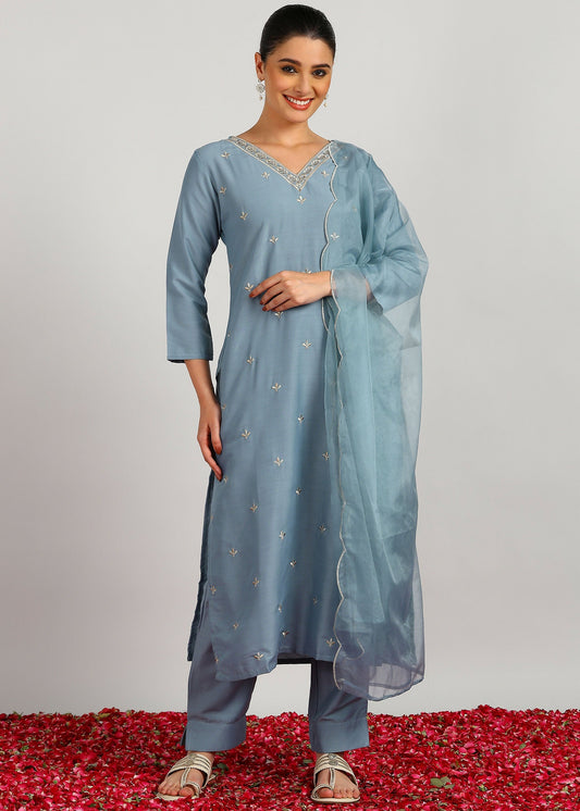 Aavyora Women's Sky Grey Embroidered Kurta Set with Dupatta | Grab2Buy