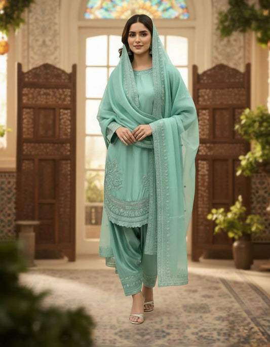 Teeya Creation Turquoise Color Natural Creap Silk Designer Fancy Party Wear Salwar Suit