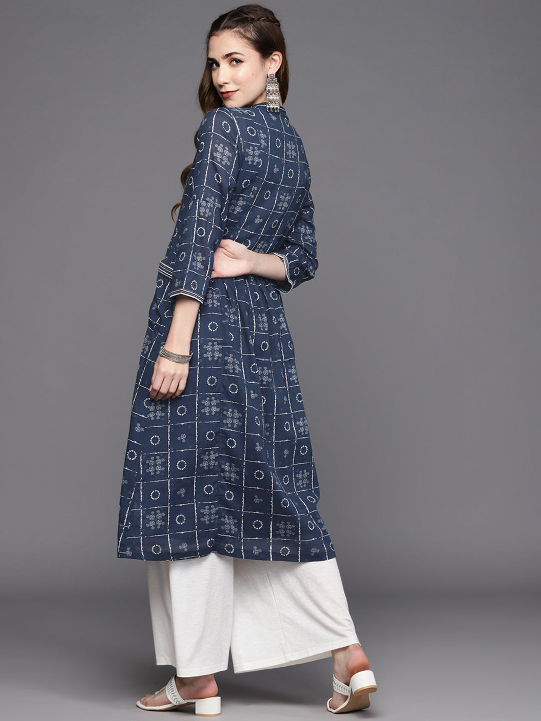 Biba Women Navy Blue & White Ethnic Motifs Printed Kurta with Inner - Grab2buy