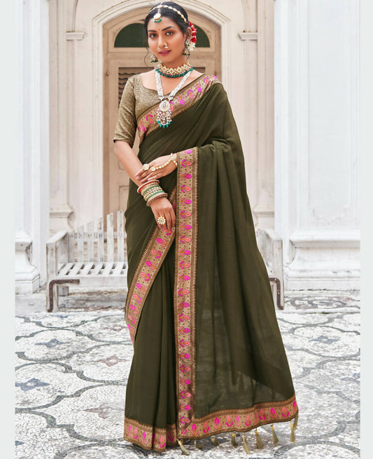 Olive Vichitra Solid Saree With Unstitched Blouse Piece - Juhi
