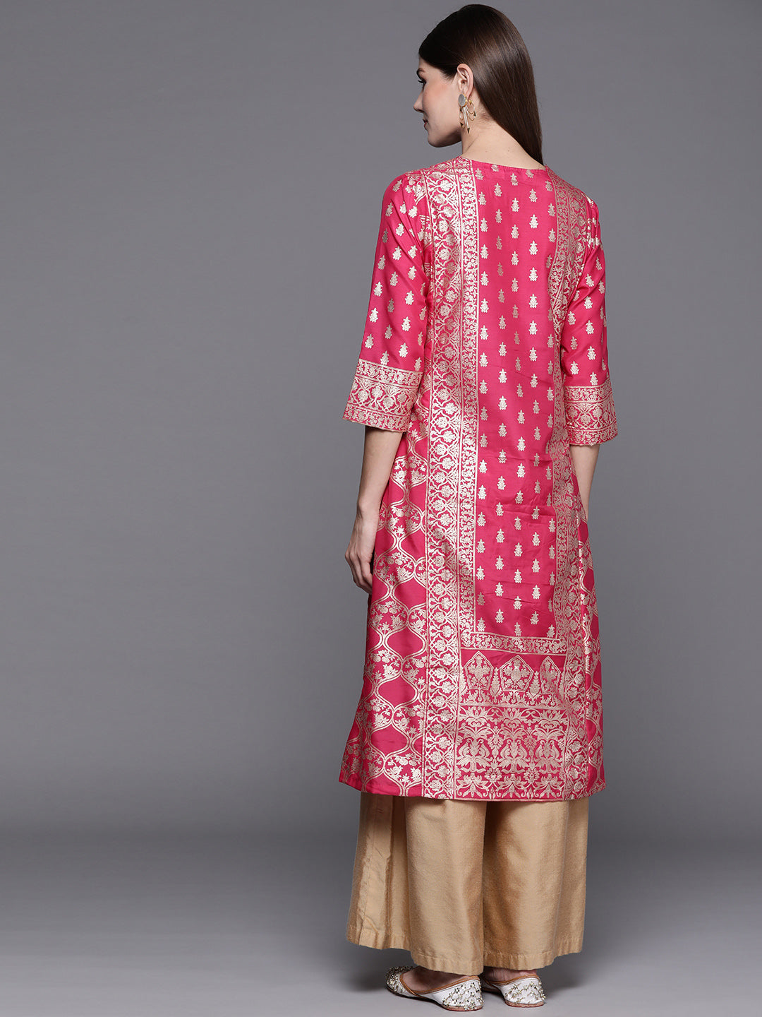Biba Women Fuchsia & Gold-Toned Ethnic Motifs Kurta - Grab2buy