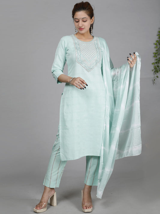 HERE&NOW Green Ethnic Motifs Embroidered Sequined Cotton Kurta Set