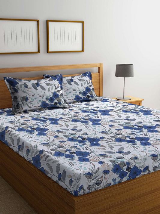 BOMBAY DYEING Blue & White Floral Cotton 144 TC Queen Bedsheet With 2 Pillow Covers | Grab2Buy