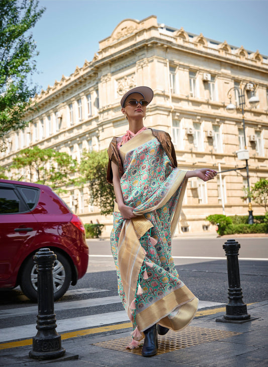 Sea Green Satin Organza Floral Woven Design Saree With Unstitched Blouse Piece - Klay's