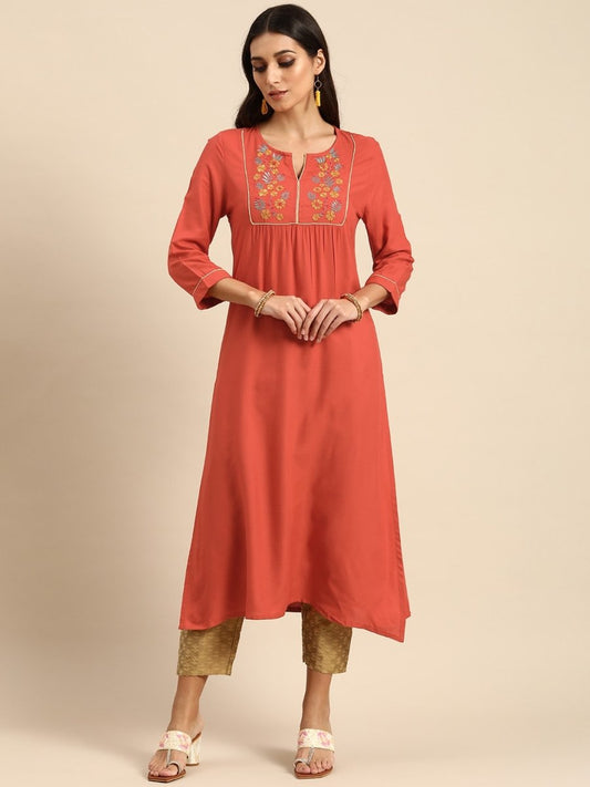 All About You Women Rust Orange Floral Yoke Design Embroidered Thread Work Straight Kurta