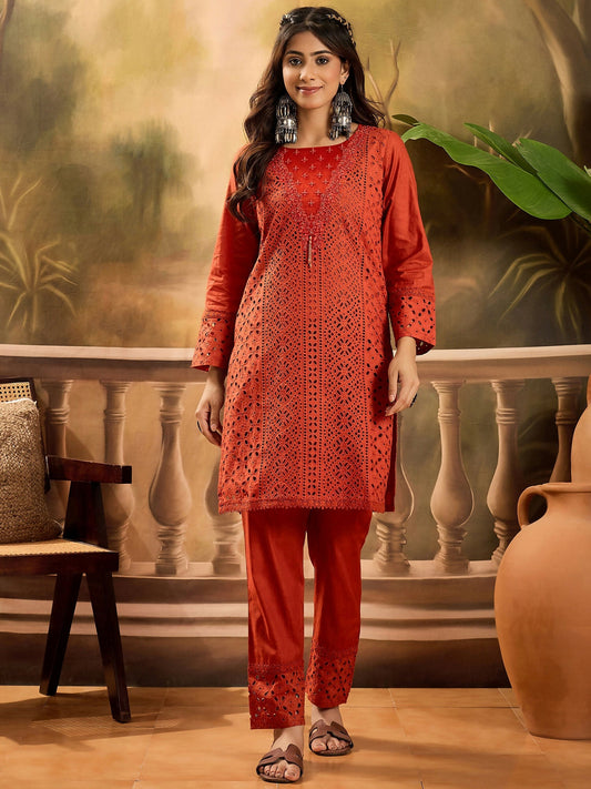 Joban Fashion Embroidery Rust Pure Cotton Cord Set
