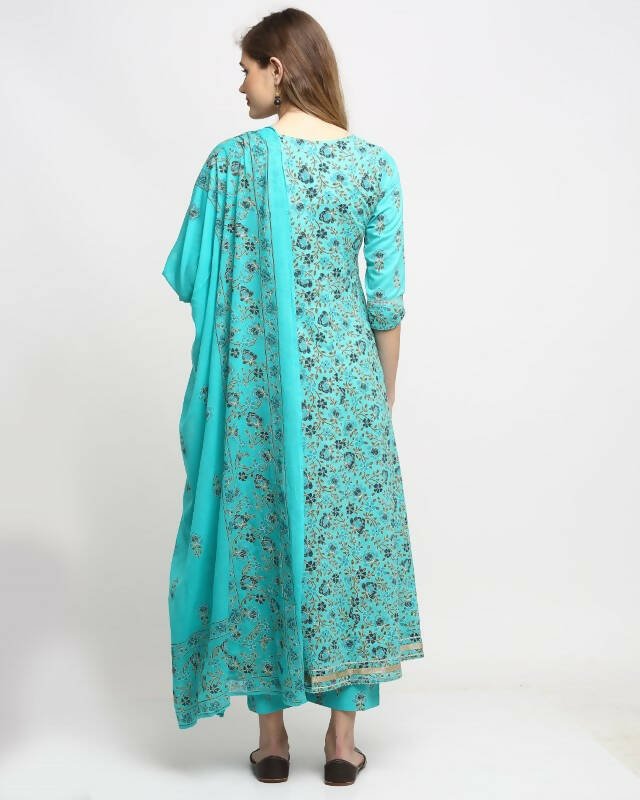 Aastha Fashion Women's Sky Blue Cotton Floral Printed Kurta with Trouser & Dupatta - Grab2buy