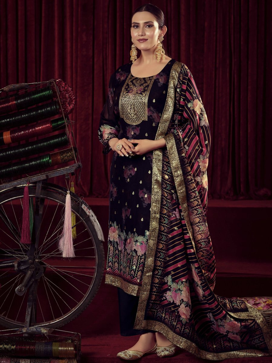 Aastha Fashion Women's Black Organza Jacquard Woven Kurta with Trouser & Dupatta - Grab2buy