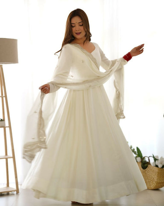 Teeya Creation White Color Pure Roman Silk Chanderi Party Wear Fully Stitched Gown