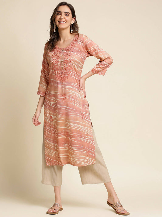 Peach Poly Rayon Stripe Printed Straight Fit Kurta - Prasuti