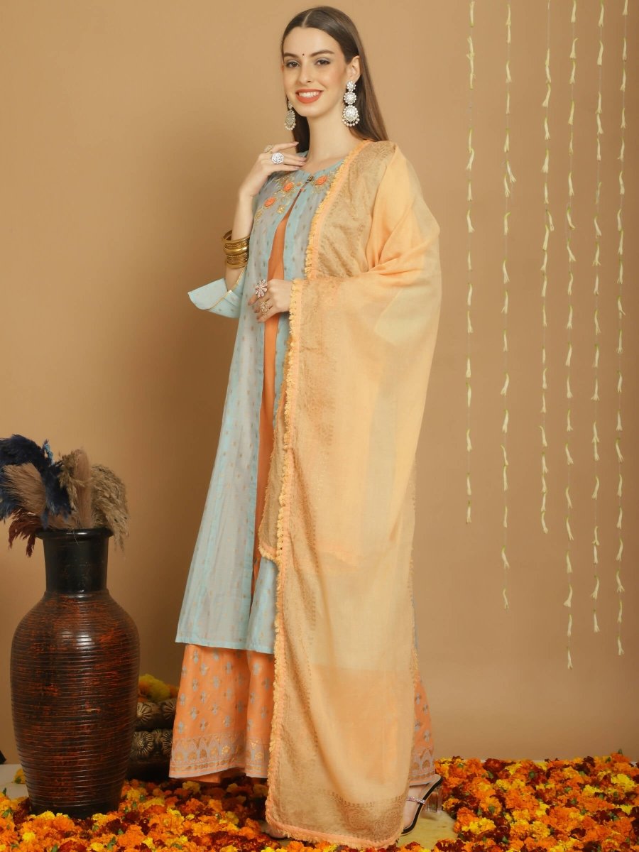 Aastha Fashion Women's Turquoise Chanderi Silk Elegant Jardoshi Kurta with Trouser & Dupatta - Grab2buy