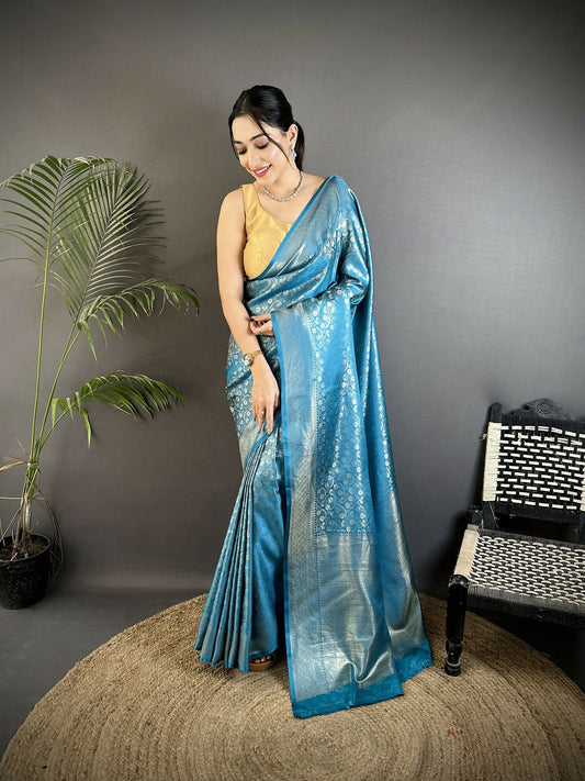 Joban Fashion Aqua Blue Floral & Paisley Motifs Soft Satin Silk Banarasi Saree