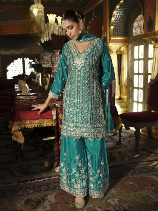 Anaita Sky-Blue Heavy Chinon Readymade Palazzo Suit with Heavy Embroidery Work