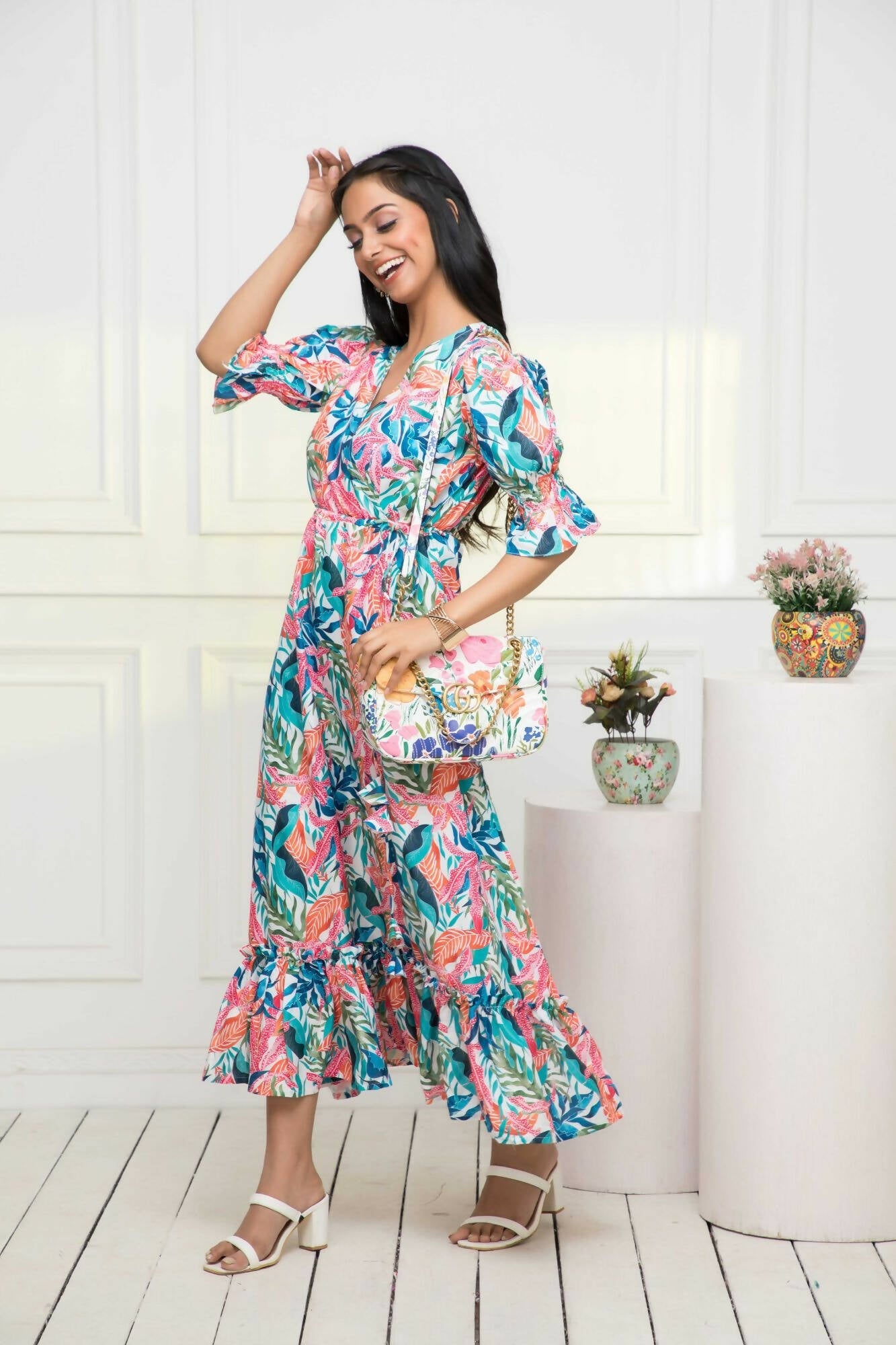 Myshka Women Multi Floral Polyester A-Line V-Neck Dress - Grab2buy
