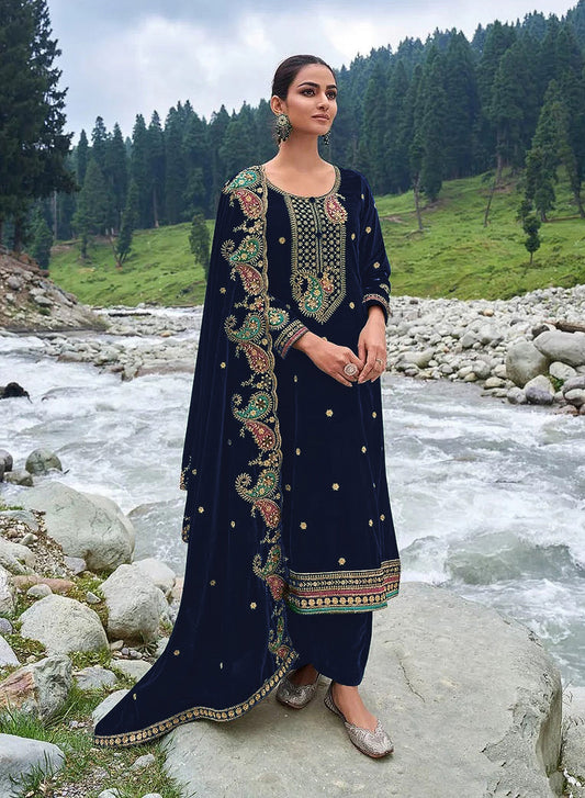 Lorenvalley Fashion Women Blue Velvet Embroidered Salwar Suit Material