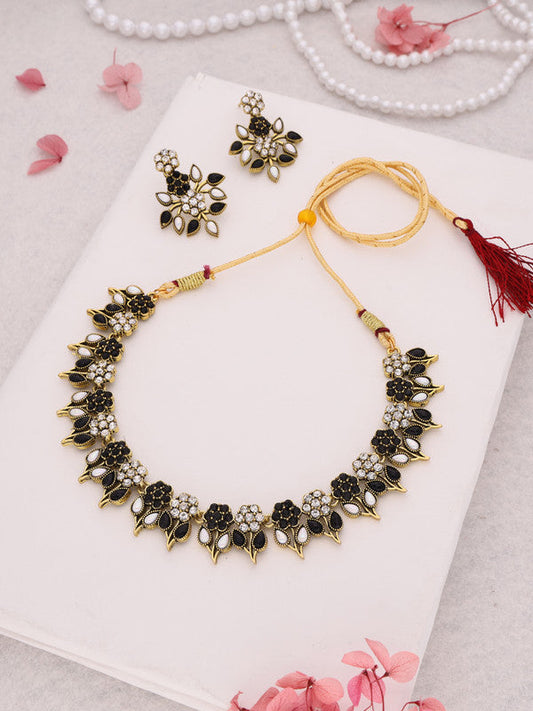 Tehzeeb Creations Black & White Gold Pleated Stone Studded Necklace With Earrings | Grab2Buy