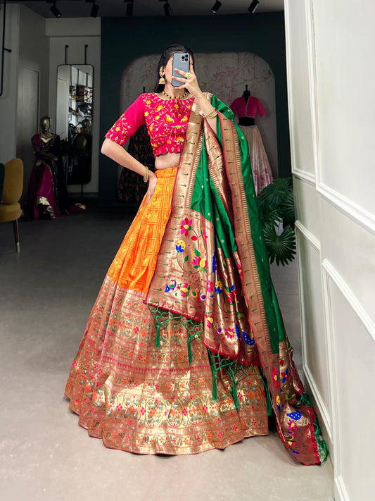 Lorenvalley Orange Jacquard Silk Paithani Zari Weaving Work Lehenga Choli with Dupatta