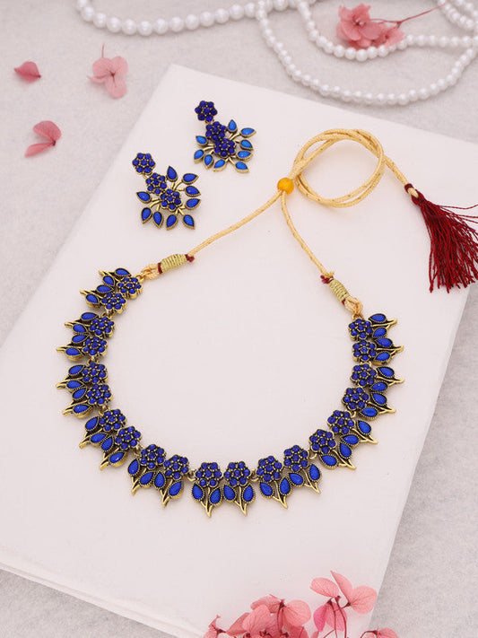 Tehzeeb Creations Blue Colour Gold Pleated Stone Studded Necklace With Earrings | Grab2Buy