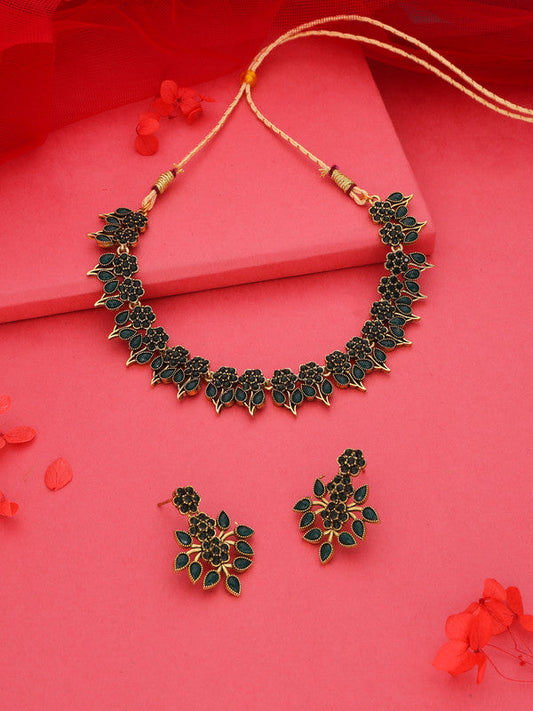 Tehzeeb Creations Green Colour Gold Pleated Stone Studded Necklace With Earrings | Grab2Buy