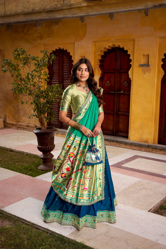 Lorenvalley Fashion Navy Blue Soft Silk Paithani Zari Weaving Work With Sequins and Thread Embroidery Scallop Lace Border Lehenga Choli with Dupatta