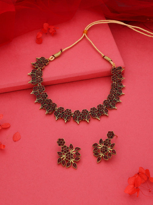 Tehzeeb Creations Maroon Colour Gold Pleated Stone Studded Necklace With Earrings | Grab2Buy