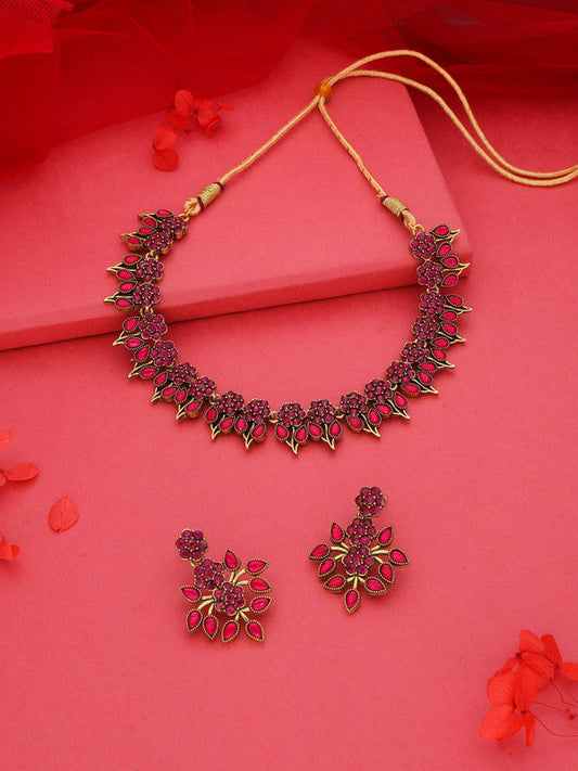 Tehzeeb Creations Pink Colour Gold Pleated Stone Studded Necklace With Earrings | Grab2Buy